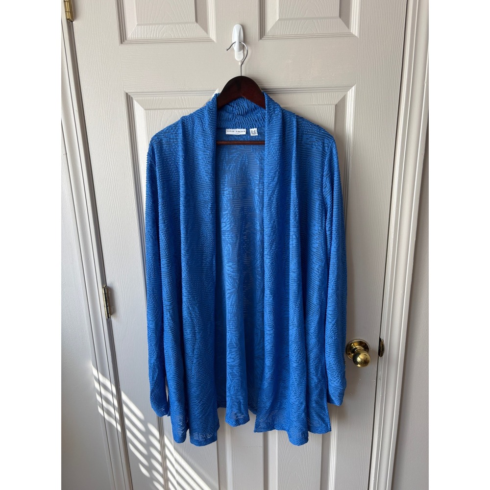 Susan Graver Cardigan Women 2X Blue Open Front Textured Sheer Layering Knit